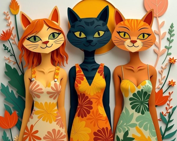 Anthropomorphic cats in autumn floral dresses