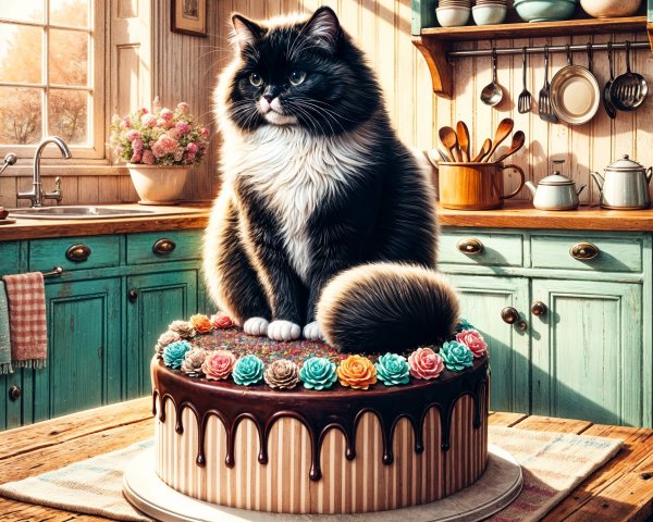 Cozy Kitchen Scene with Cat and Decorated Cake