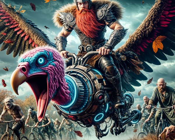 Viking on Mechanical Bird in Surreal Landscape