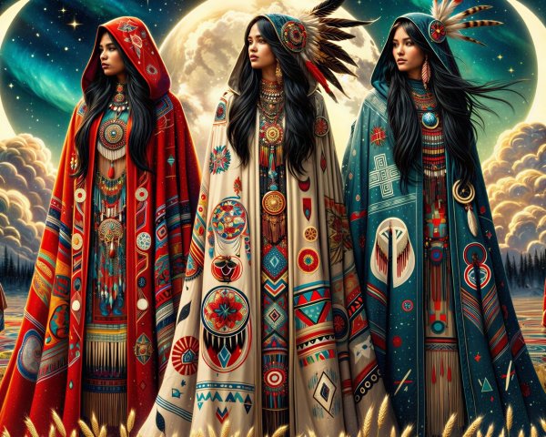 Women in Colorful Cloaks Against Moonlit Backdrop