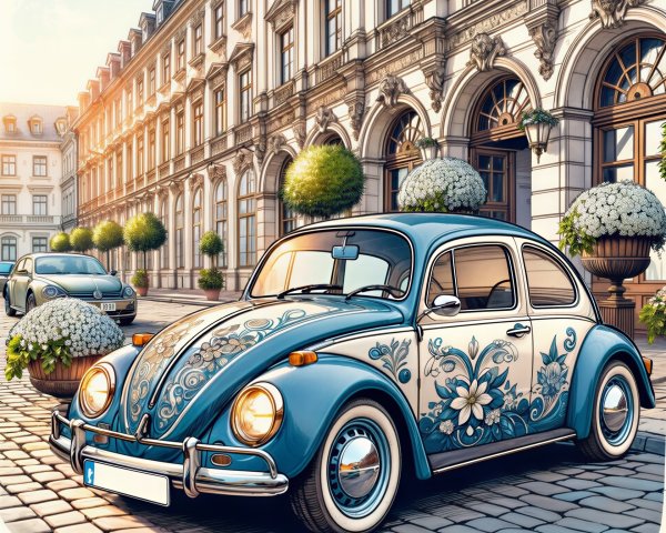 Vintage Car with Floral Patterns on Cobblestone Street