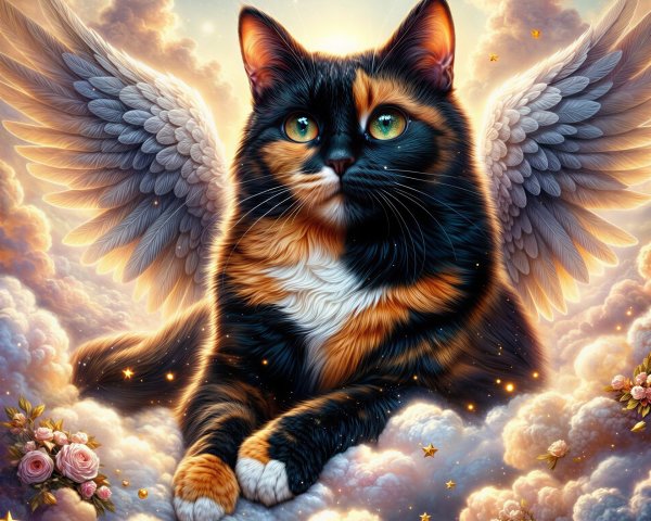 Photorealistic Calico Angel Cat on Golden Cloud Scene