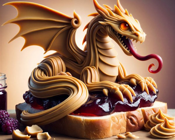 Beige Icing Dragon on Bread with Red Jelly and Berries
