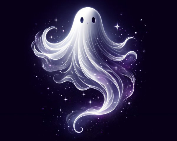 Whimsical Ghost Against Deep Purple Cosmic Background