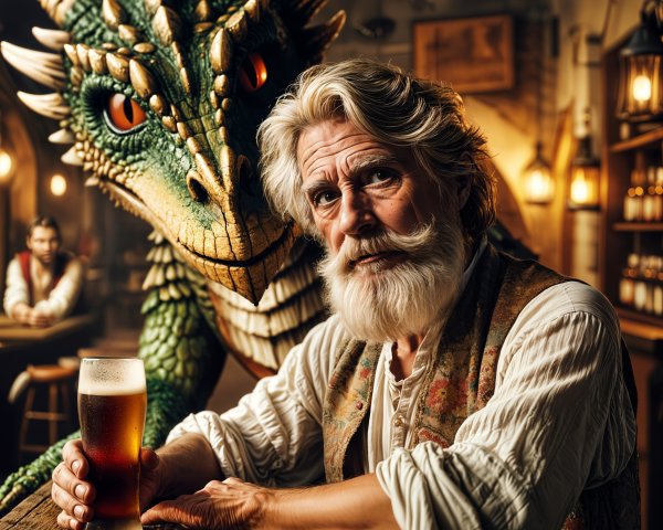 Elderly Man and Dragon in Cozy Tavern Setting