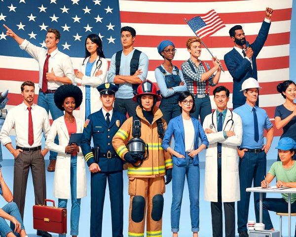 Diverse Professionals Gathered Before American Flag