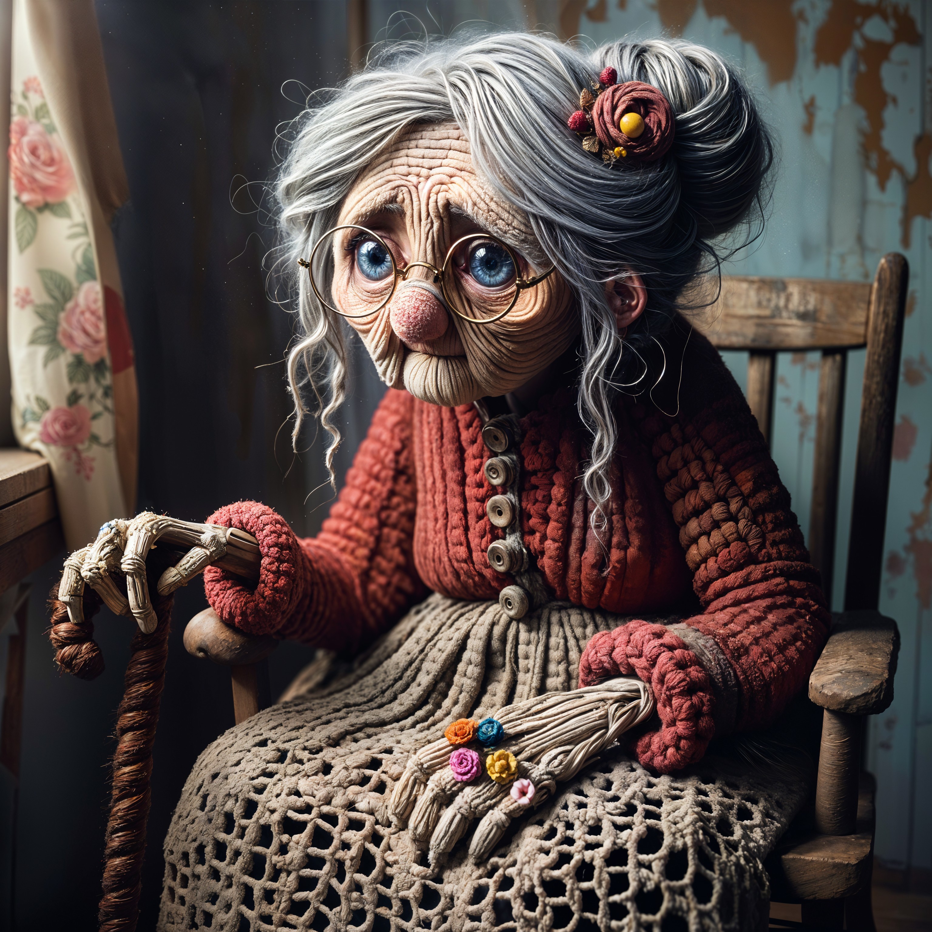Whimsical Elderly Woman in Cozy Rustic Setting