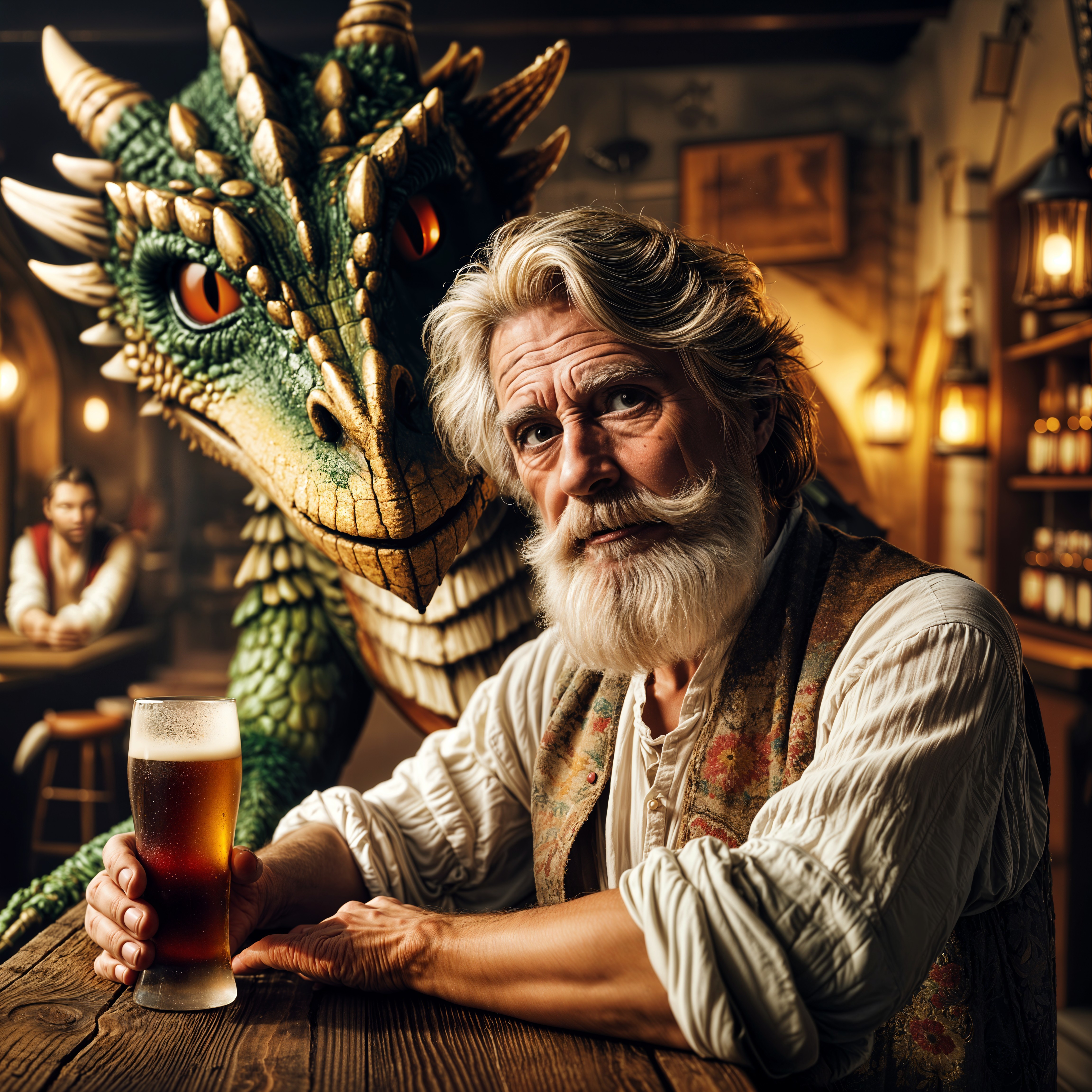 Elderly Man and Dragon in Cozy Tavern Setting