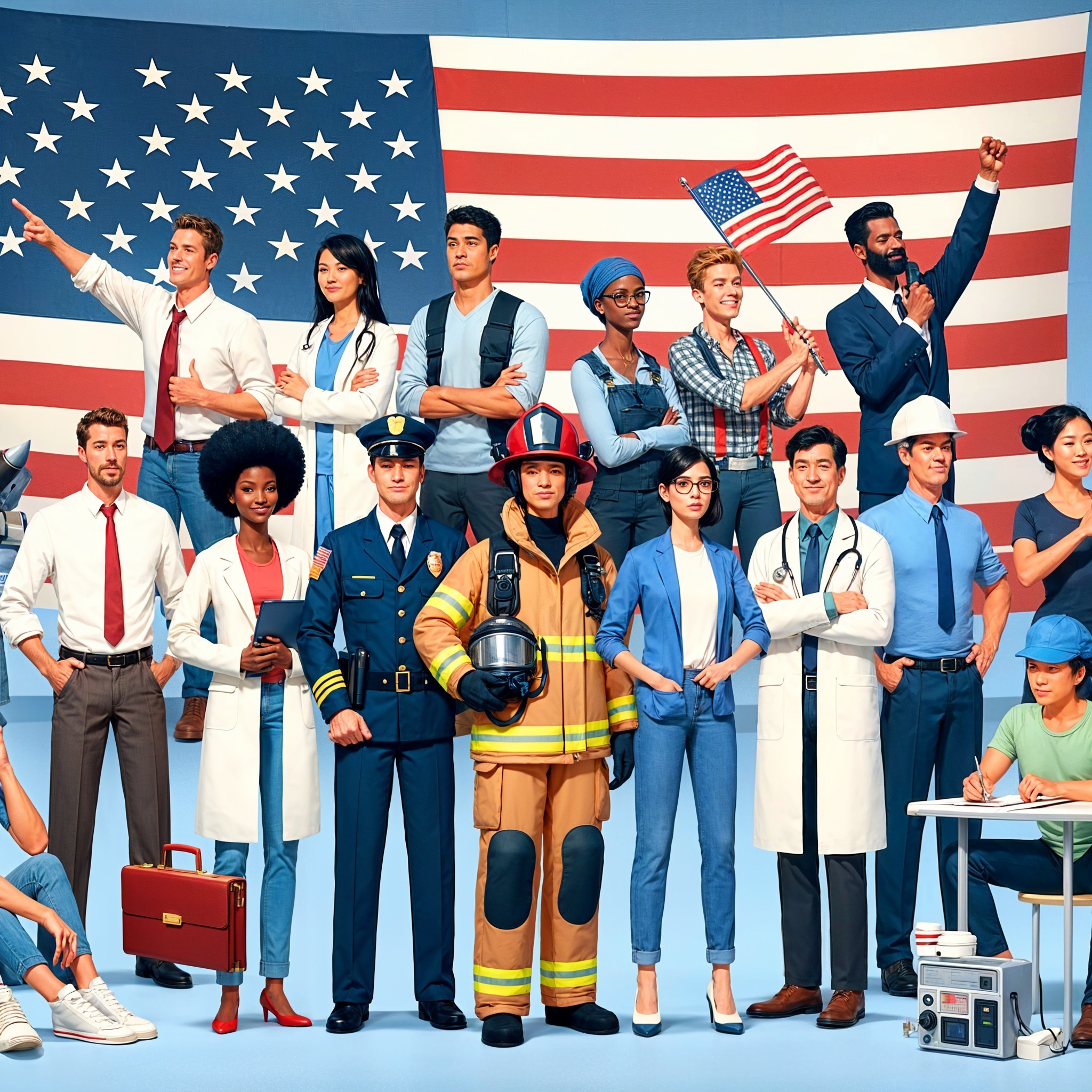 Diverse Professionals Gathered Before American Flag