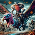 Viking on Mechanical Bird in Surreal Landscape