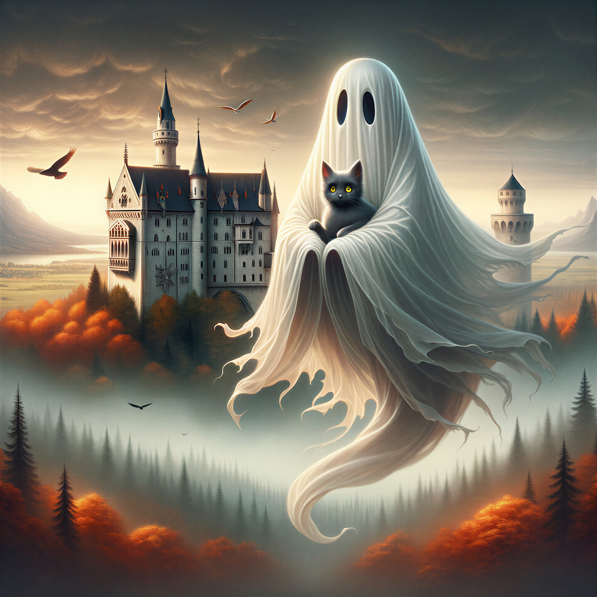Whimsical Ghost and Cat in Enchanted Castle Scene