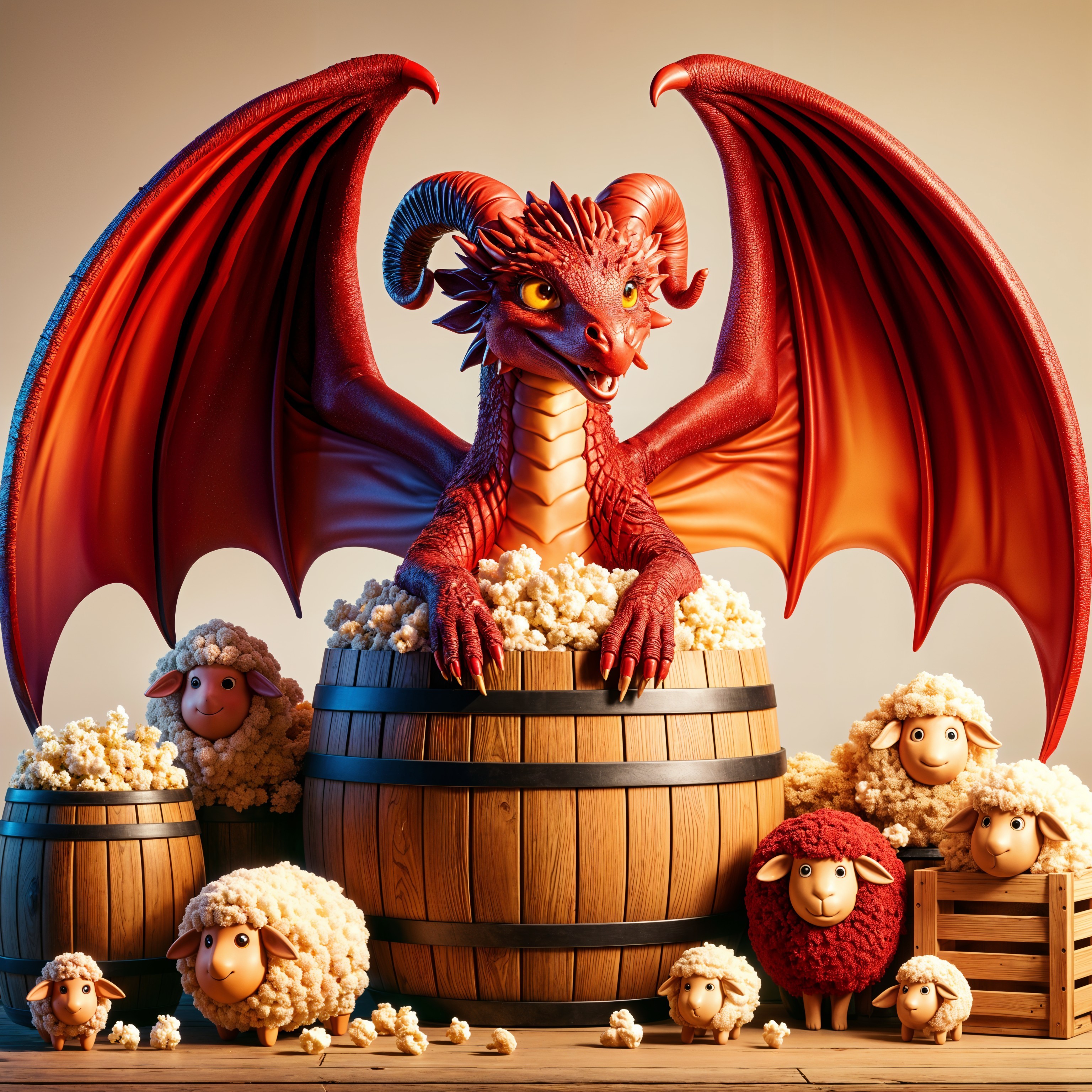 Playful red dragon and sheep in whimsical scene