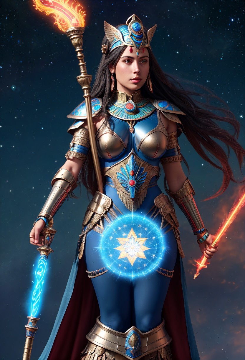 Armored Female Warrior with Torch and Staff in Stars
