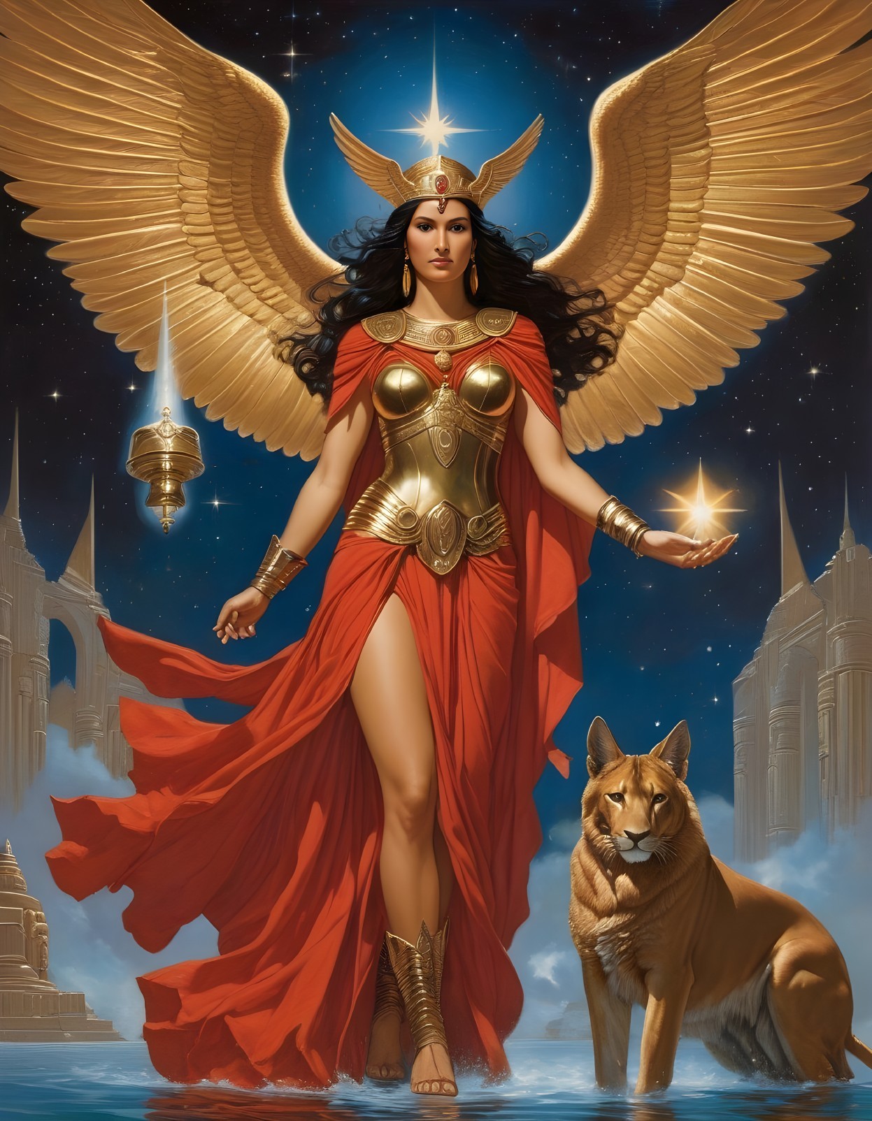 Female warrior in Egyptian armor with lion and temples