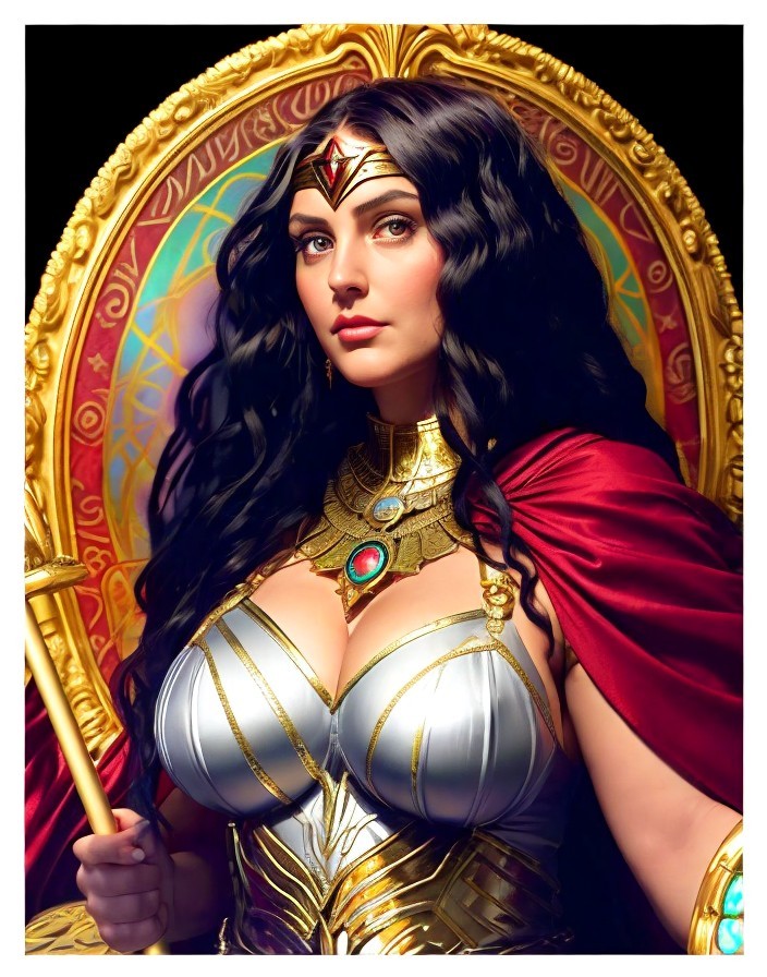 Regal figure in silver armor with red cape and tiara