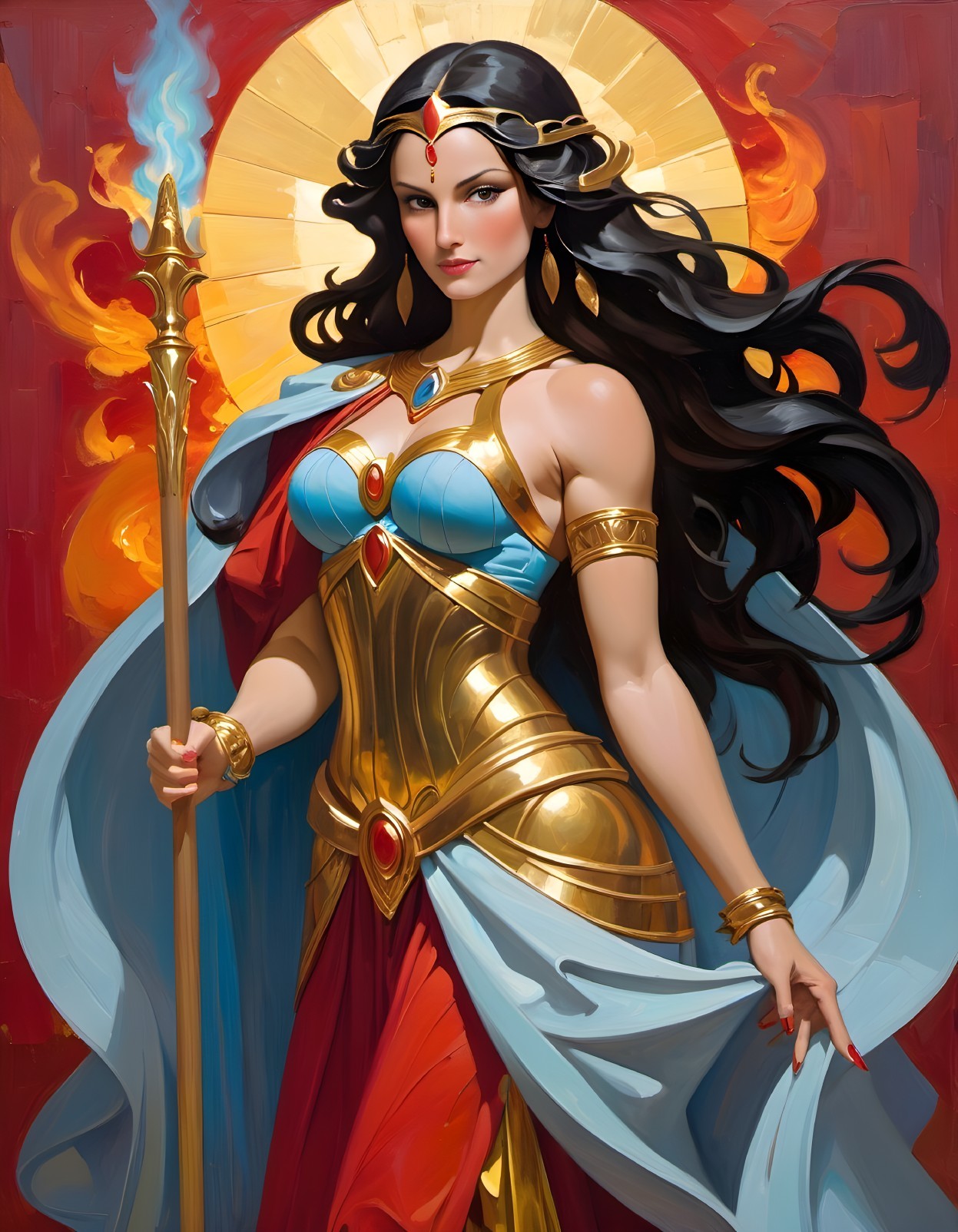 Female Figure in Ornate Armor with Flames and Staff