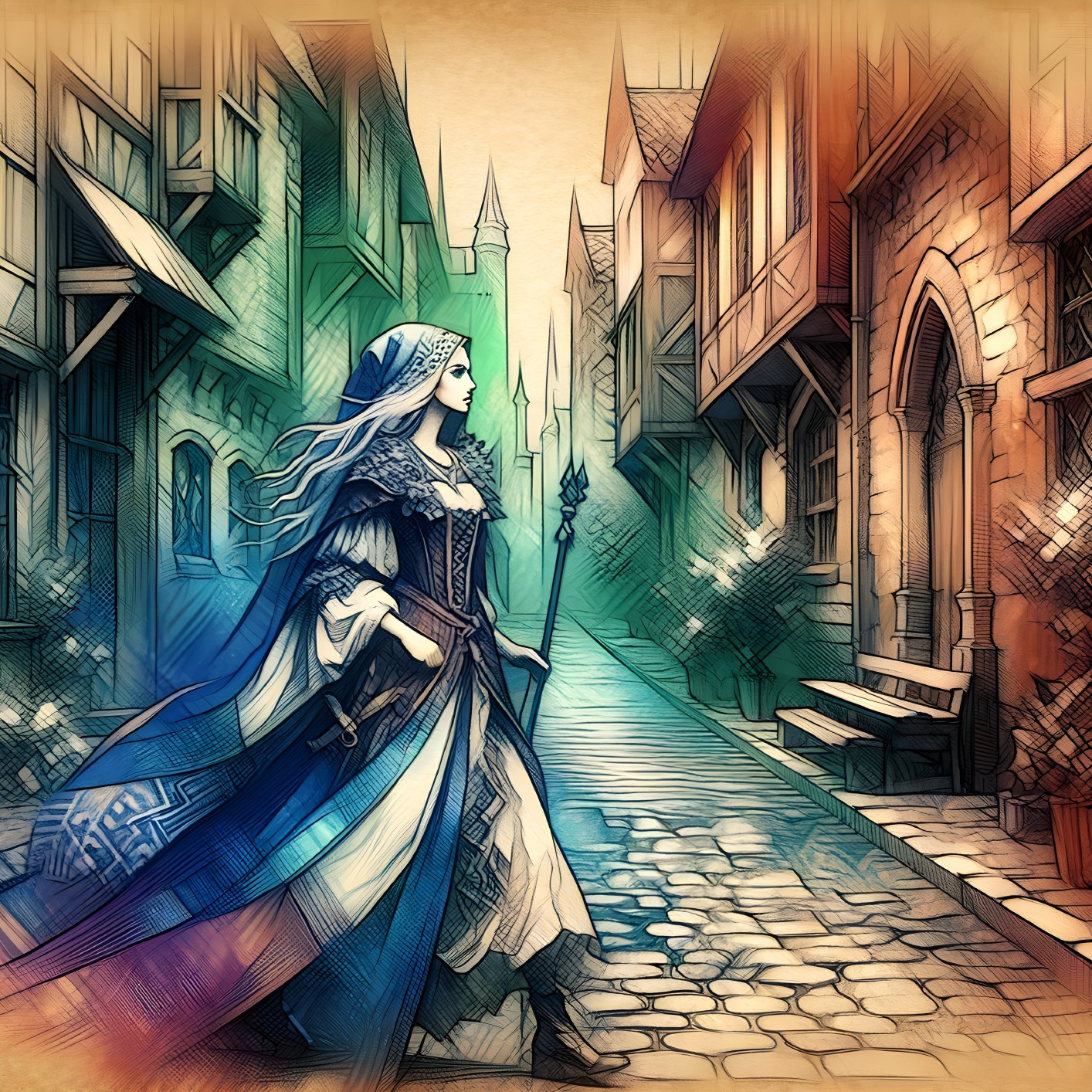 Mystical Medieval Alley with Enchanting Woman and Staff