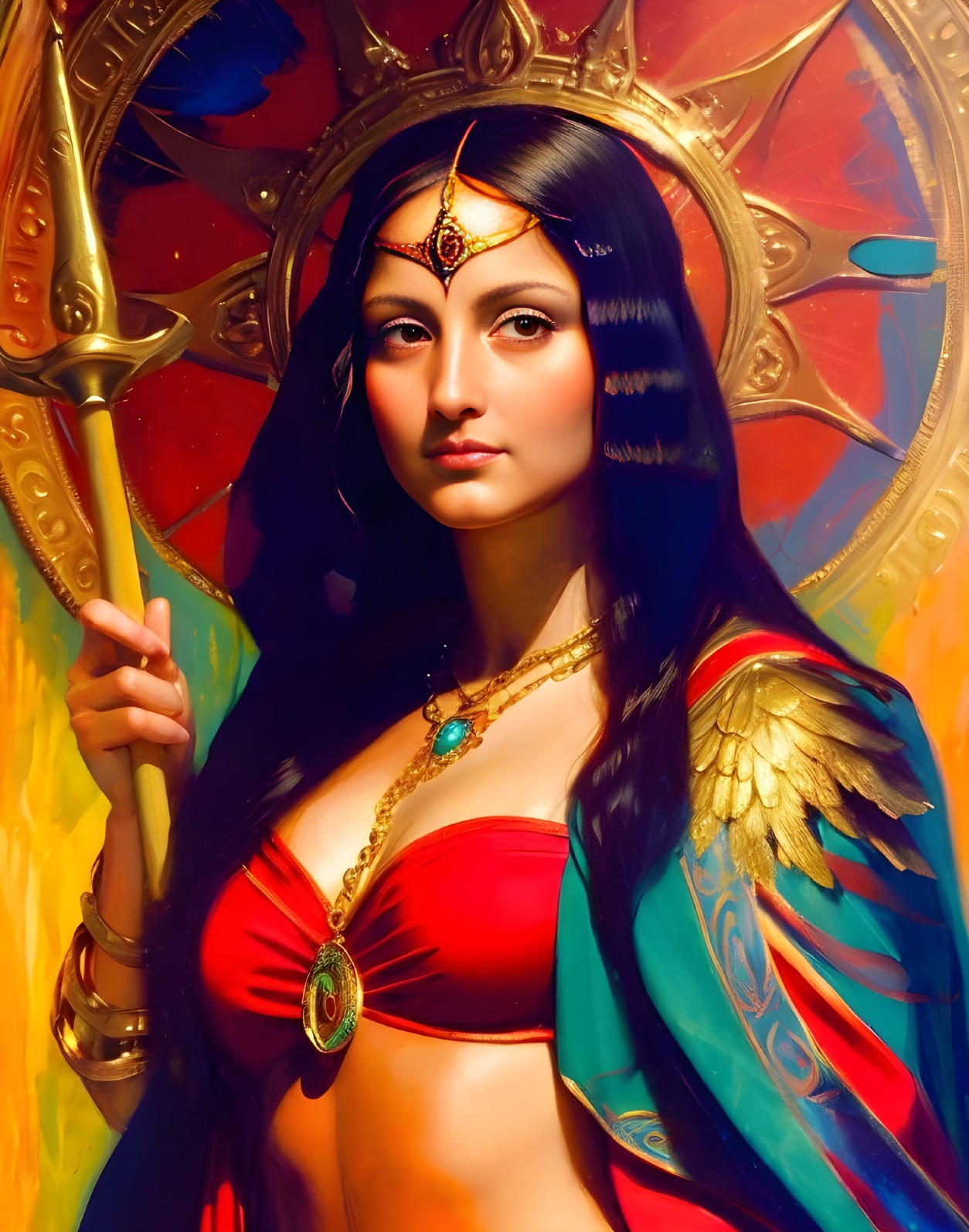 Regal figure in red with gold jewelry and halo