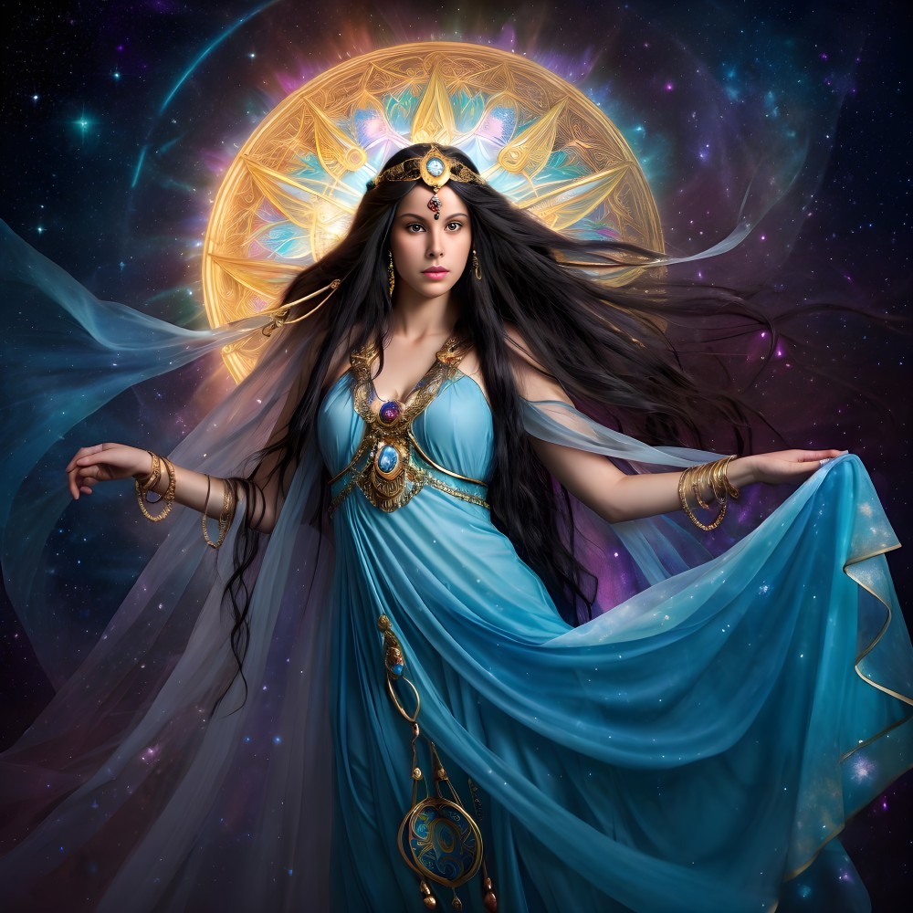 Mystical Figure in Blue Gown Against Cosmic Backdrop