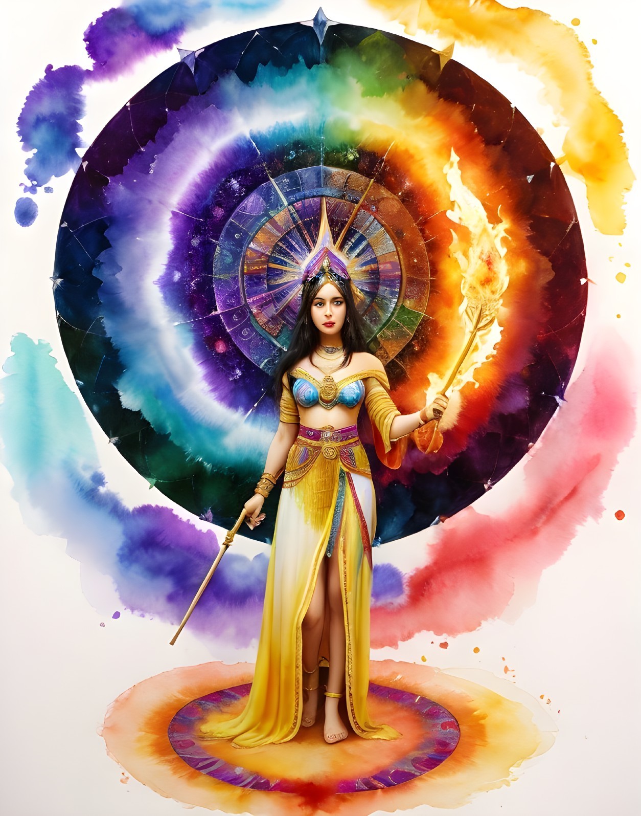 Majestic figure in vibrant gown with mandala backdrop