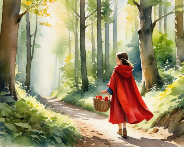 Young girl in red cloak walking a forest path