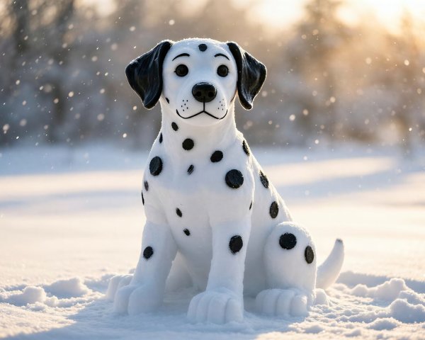 Dalmatian Dog Snow Sculpture in Winter Landscape