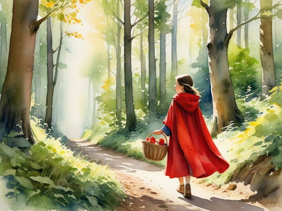 Young girl in red cloak walking a forest path
