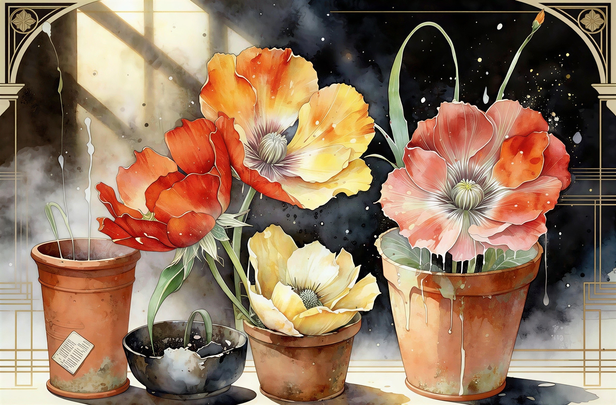 Watercolor depiction of poppy flowers in pots