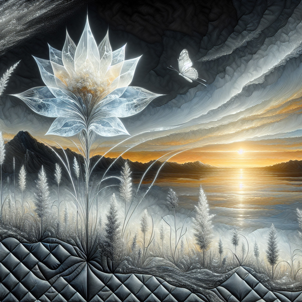 Surreal Landscape with Translucent Flower and Sunset
