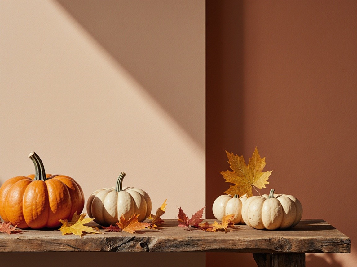Rustic Wooden Table with Pumpkins and Autumn Leaves