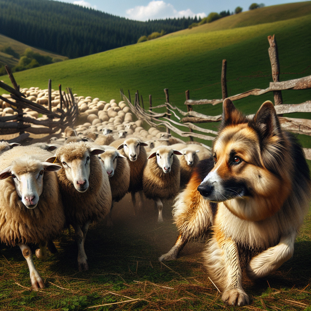 Dog Herding Sheep in a Lush Green Pasture