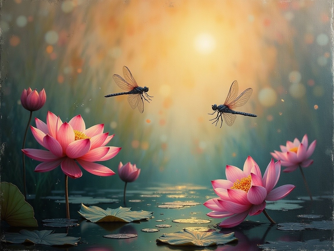 Serene pond with pink lotus flowers and dragonflies