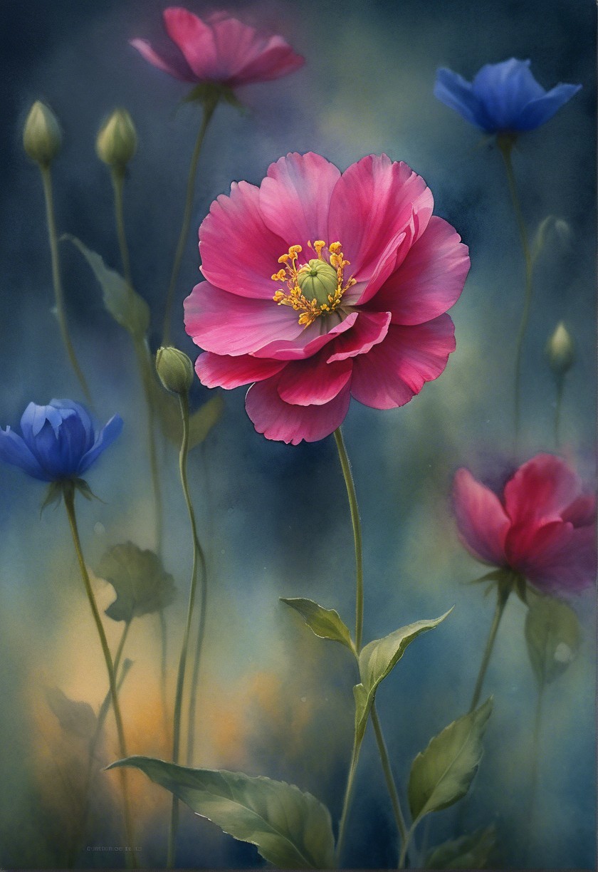 Close-Up of Pink Poppy with Green Center and Buds