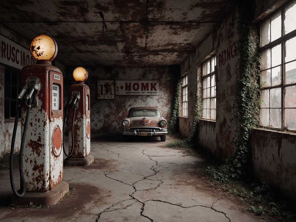 Vintage Gas Station Interior with Classic Car and Pumps