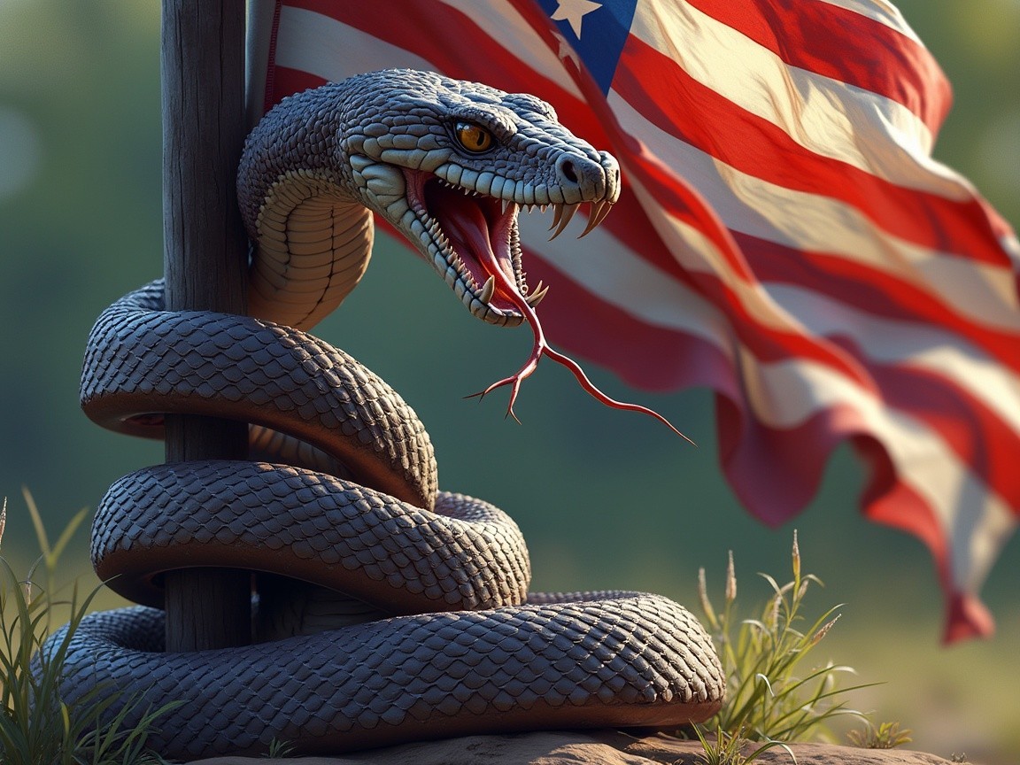 Coiled Snake Around American Flagpole in Nature