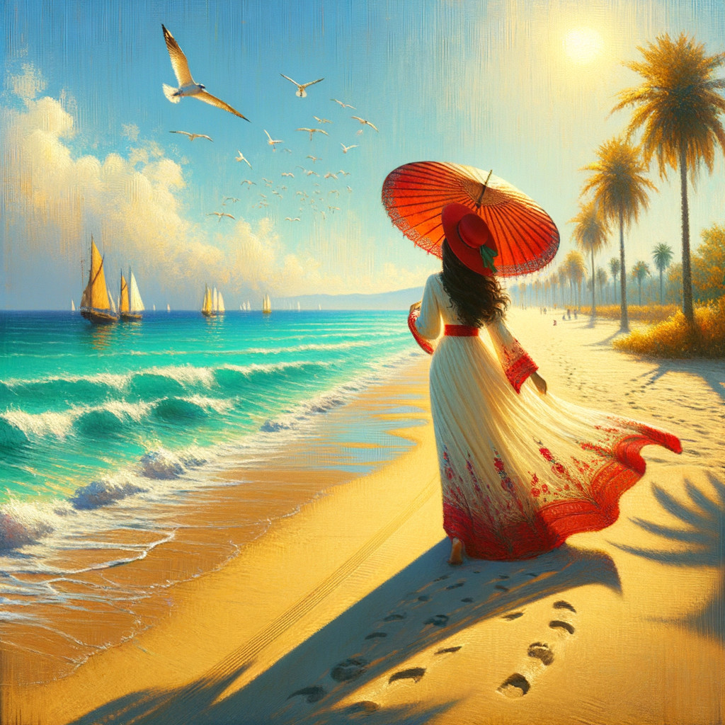 Woman in colorful dress on sunlit beach with parasol