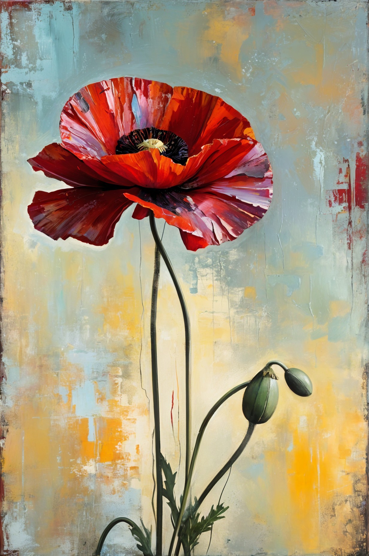 Vibrant Red Poppy with Pastel Background and Buds