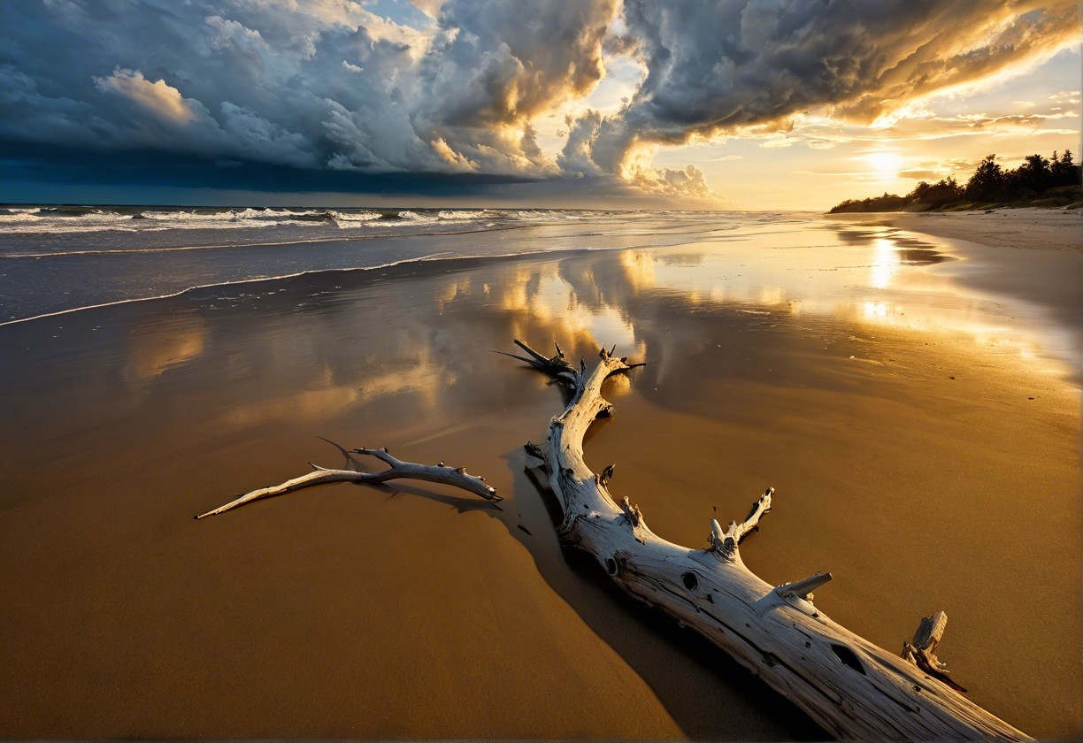 Serene Beach Scene with Driftwood and Sunset Clouds