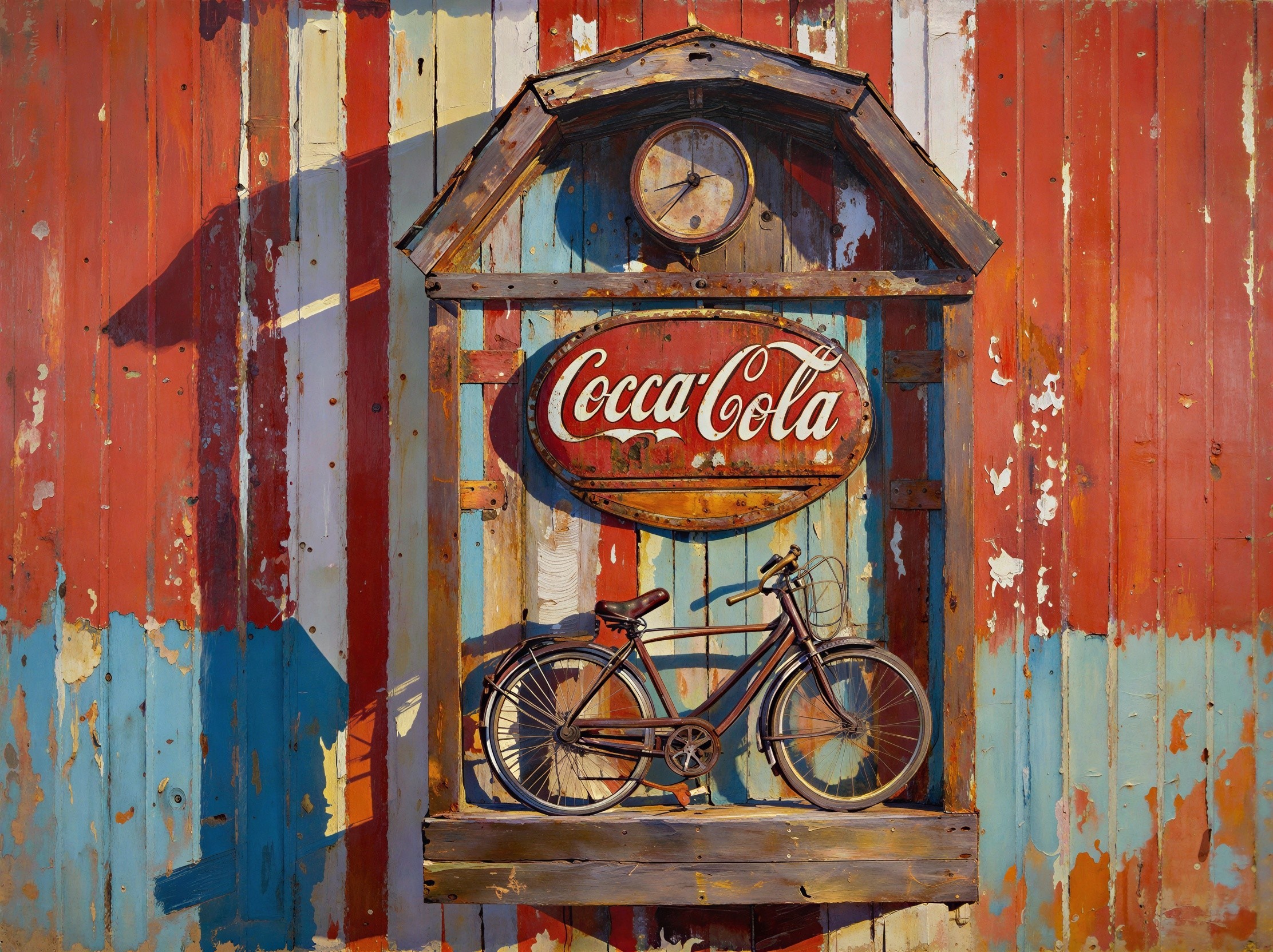 Rustic Wooden Hut with Vintage Bicycle and Clock