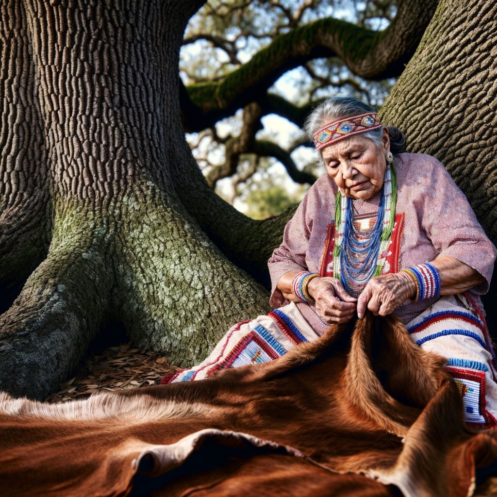 Elderly Woman in Traditional Attire Crafting by Tree Roots