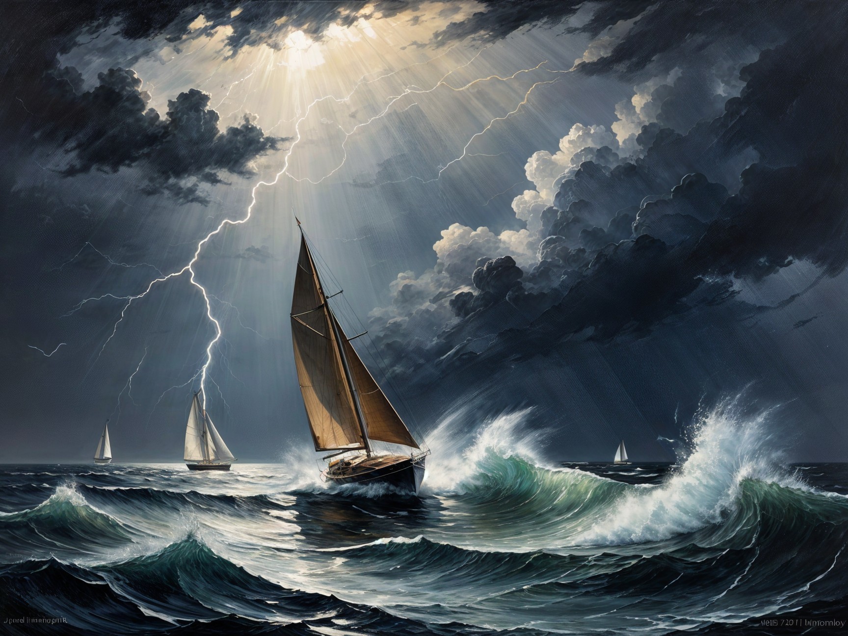Dramatic Seascape of Sailboats in Turbulent Waters