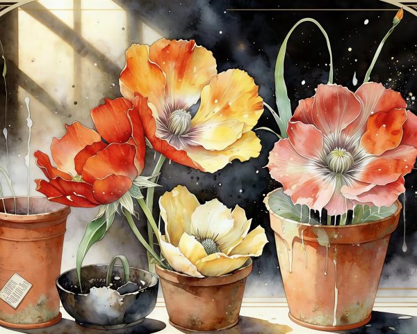 Watercolor depiction of poppy flowers in pots