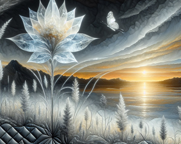 Surreal Landscape with Translucent Flower and Sunset