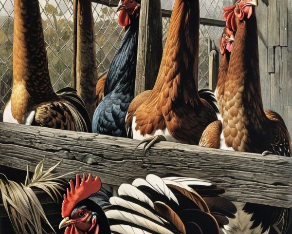 Chickens in a Rustic Farm Setting with Green Foliage
