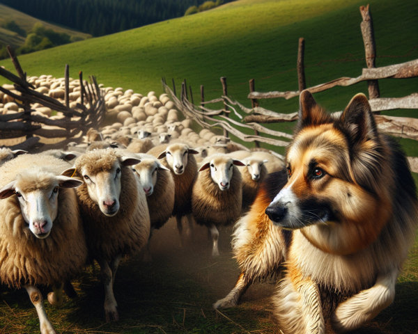 Dog Herding Sheep in a Lush Green Pasture