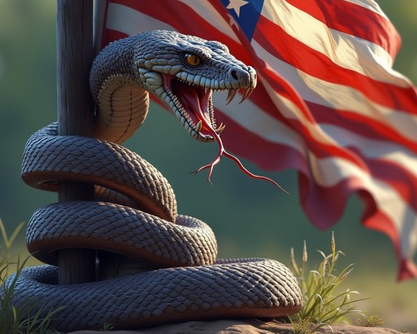 Coiled Snake Around American Flagpole in Nature