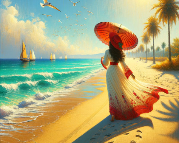 Woman in colorful dress on sunlit beach with parasol
