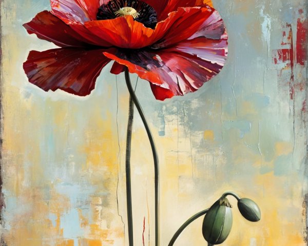 Vibrant Red Poppy with Pastel Background and Buds