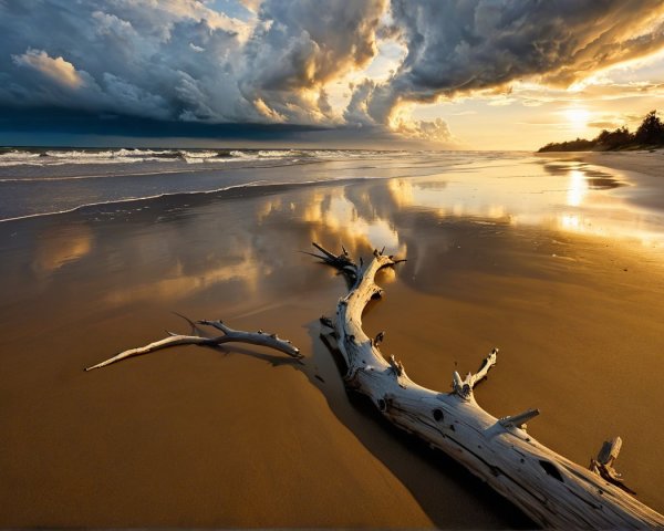 Serene Beach Scene with Driftwood and Sunset Clouds