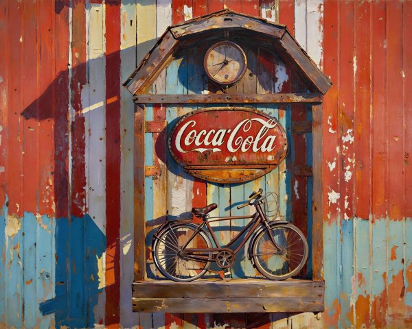 Rustic Wooden Hut with Vintage Bicycle and Clock